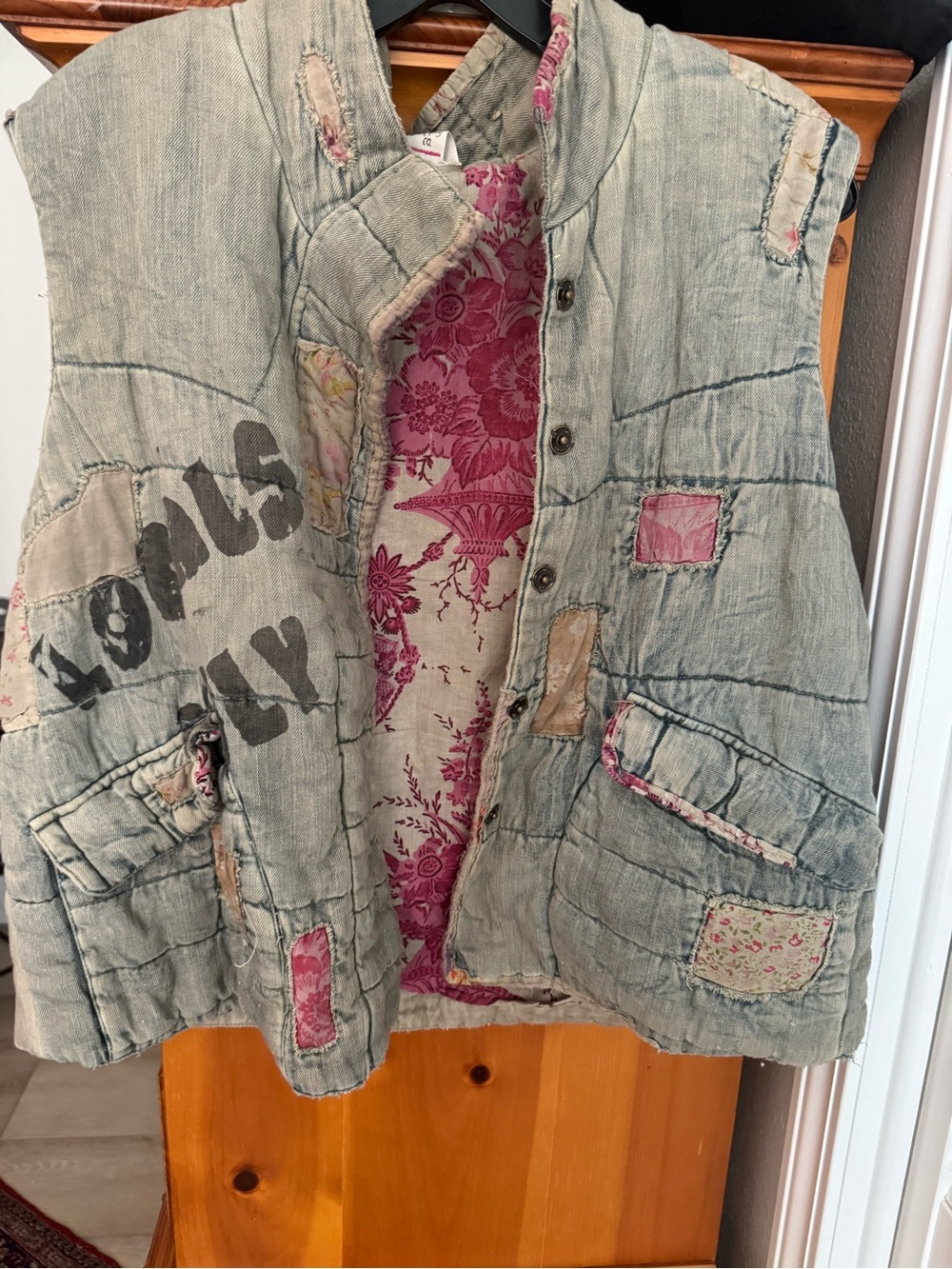 Magnolia Pearl Quilted Patchwork Vest in Faded Blue with Pink Floral Lining